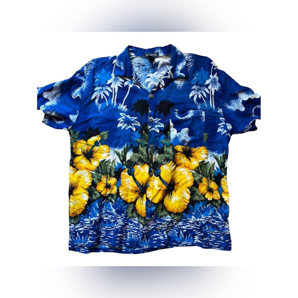 Sunsations Casuals Men's XL Hawaiian Shirt 100% Rayon Yellow Hibiscus Palm Tree